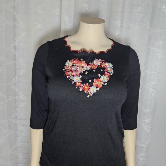Quacker Factory Tops - Quacker Factory Black Embellished Blouse with Pink Floral Design